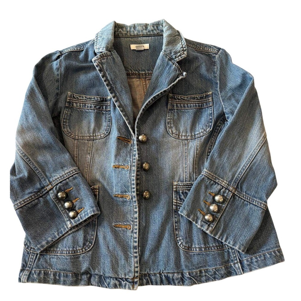 CATO Denim Military Blazer Jacket Womens Medium Blue Jean 3/4 Sleeve Dome Button